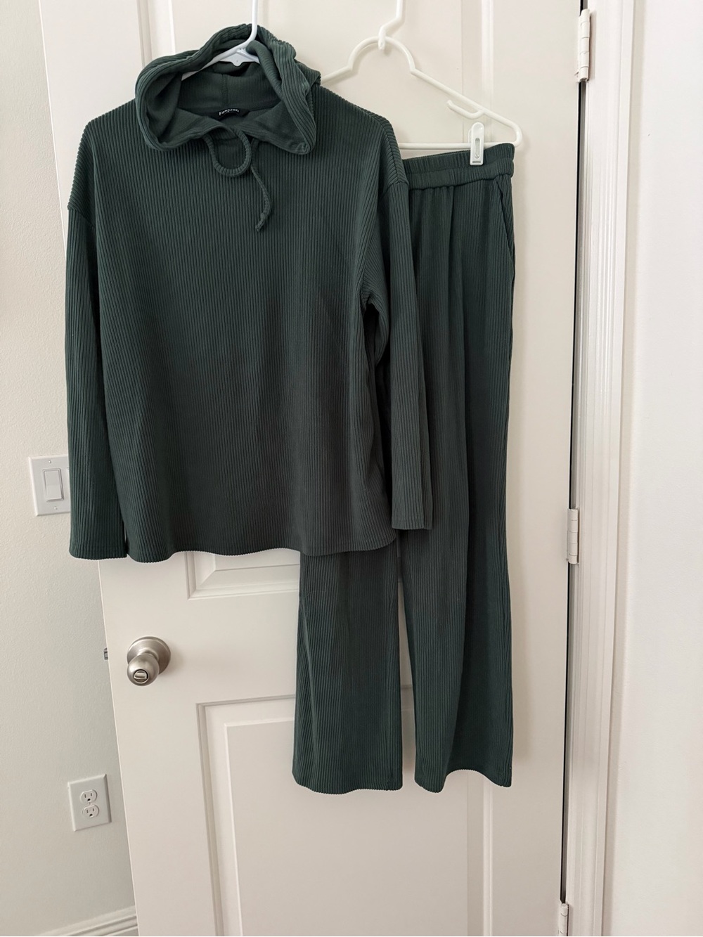Ribbed Hooded Lounge Set - Dark Green